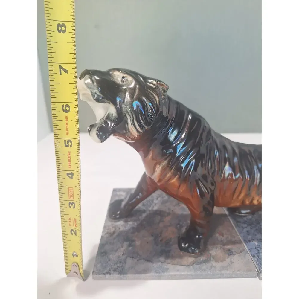 Vintage Mid Century Roaring Tiger Figurine Ceramic Black Brown Drip Glaze Japan